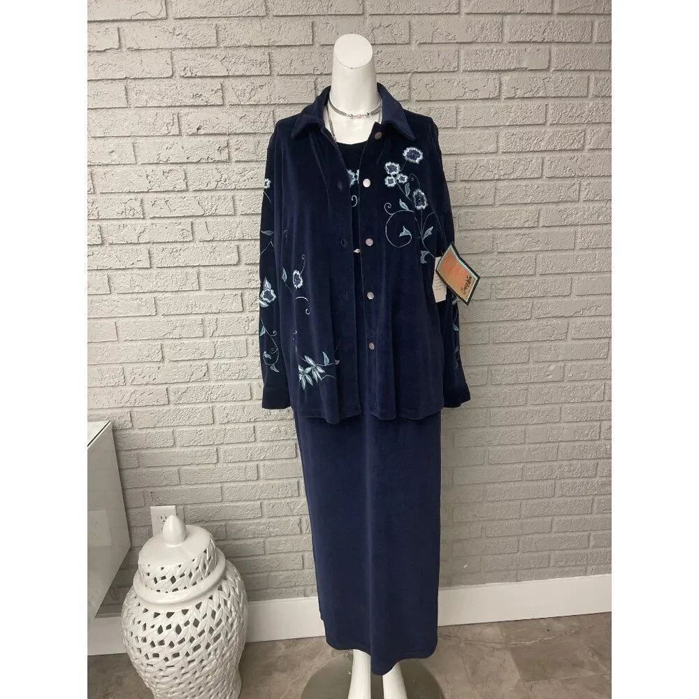 Country Wear Women Navy Blue Velvet Embroidered Floral Dress & Jacket Set Size M